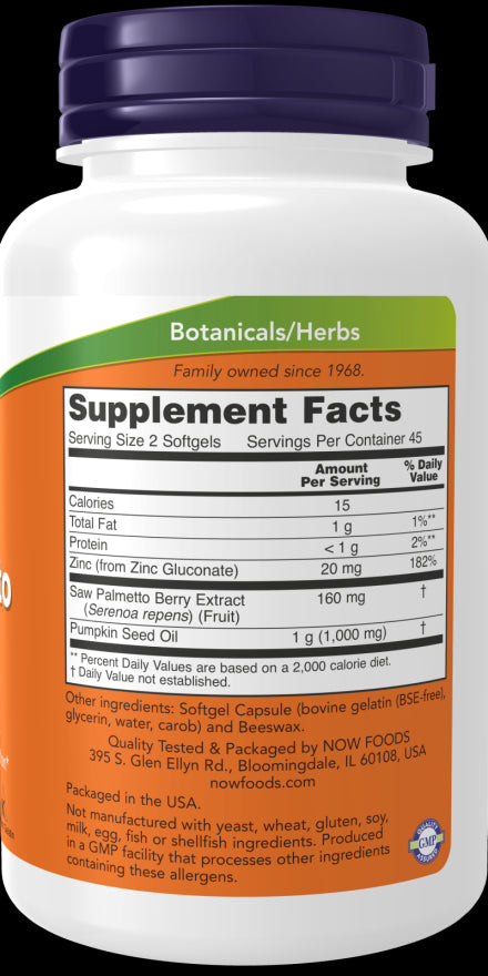 Image of Saw Palmetto Extract 80mg + Pumpkin Seed Oil & Zinc 90sgcaps supplement facts
